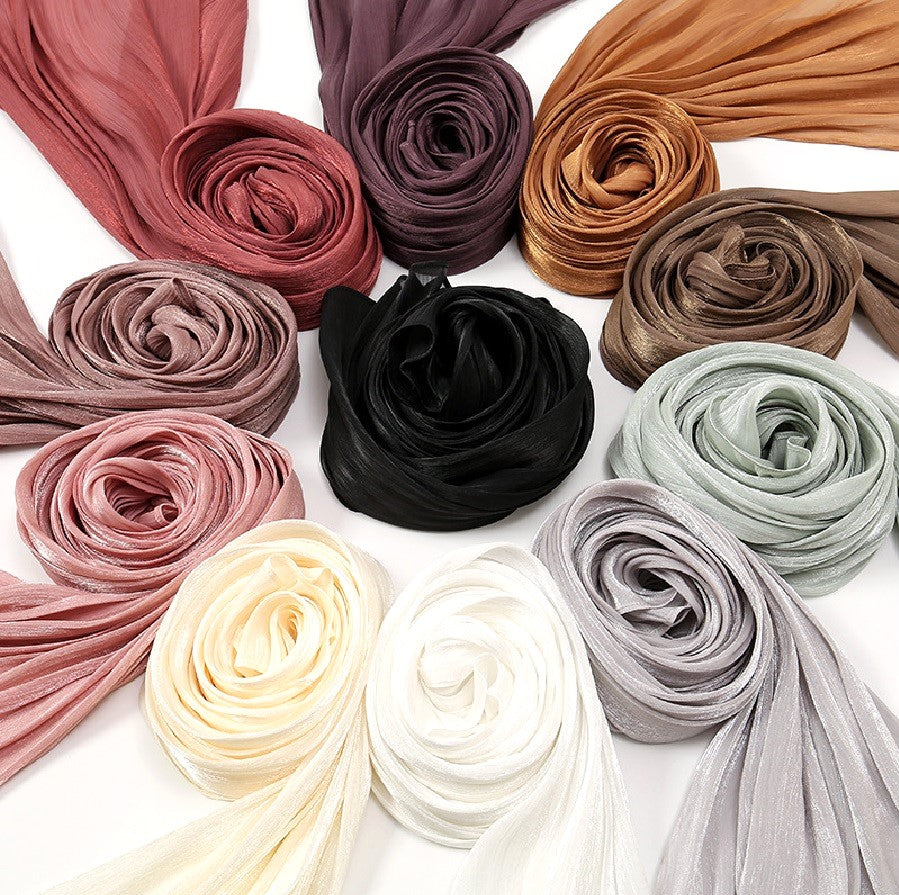 Crepe wrinkle metallic satin shawl. Matt base.